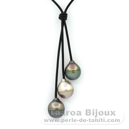 Collar de Cuero y 3 Perlas de Tahiti Anilladas C de 11.5 a 11.9 mm