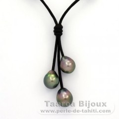 Collar de Cuero y 3 Perlas de Tahiti Semi-Barrocas B  9 a 9.3 mm