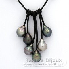 Collar de Cuero y 6 Perlas de Tahiti Anilladas B  10 a 10.3 mm