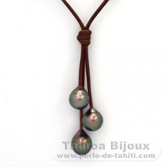 Collar de Cuero y 3 Perlas de Tahiti Semi-Barrocas B  9.5 a 9.9 mm