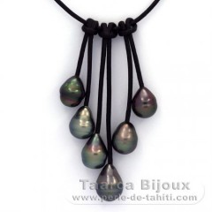 Collar de Cuero y 6 Perlas de Tahiti Anilladas B  9 a 9.5 mm