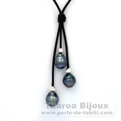 Collar de Cuero y 3 Perlas de Tahiti Anilladas B+ 9  9.6 mm