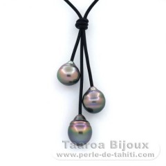 Collar de Cuero y 3 Perlas de Tahiti Anilladas B/C 11 a 11.4 mm