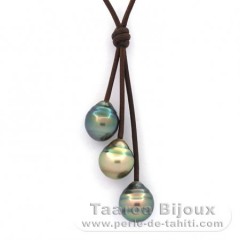 Collar de Cuero y 3 Perlas de Tahiti Anilladas C 11 a 11.6 mm