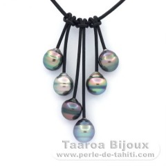 Collar de Cuero y 6 Perlas de Tahiti Anilladas B/C 10 a 10.5 mm