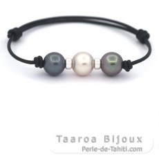 Pulsera de Cuero y 3 Perlas de Tahiti Redondas C 10 mm