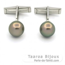 Mancuernas de Plata y 2 Perlas de Tahiti Redondas C 10.7 mm