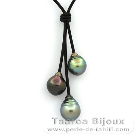 Collar de Cuero y 3 Perlas de Tahiti Anilladas B 10.1 a 10.7 mm