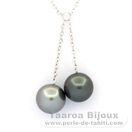 Collar de Plata y 2 Perlas de Tahiti Redondas C 10.4 mm