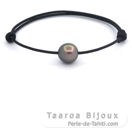 Pulsera de Cuero y 1 Perla de Tahiti Semi-Barroca AB 10.9 mm