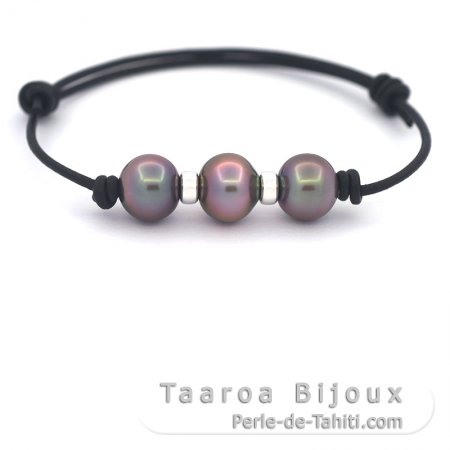 Pulsera de Cuero y 3 Perlas de Tahiti Semi-Barrocas B 10 mm