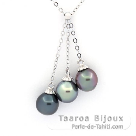 Collar de Plata y 3 Perlas de Tahiti Semi-Barrocas C 8.6 a 8.8 mm