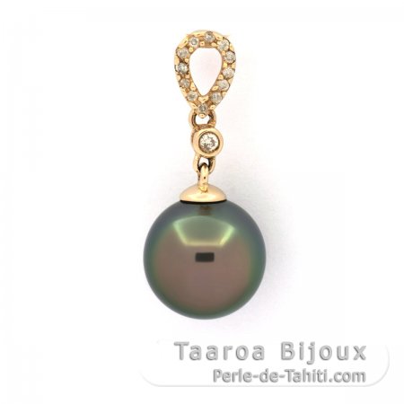 Pingente em Ouro 14K + 13 Diamantes e 1 Prola do Tahiti Redonda B 9.7 mm