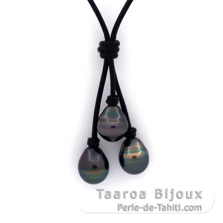 Collar de Cuero y 3 Perlas de Tahiti Anilladas C de 10.5 a 10.8 mm