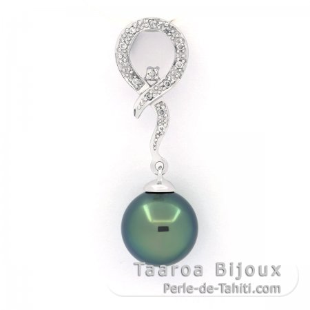 Colgante de Oro blanco 14Kl + 13 Diamantes y 1 Perla de Tahiti Redonda B 9.4 mm