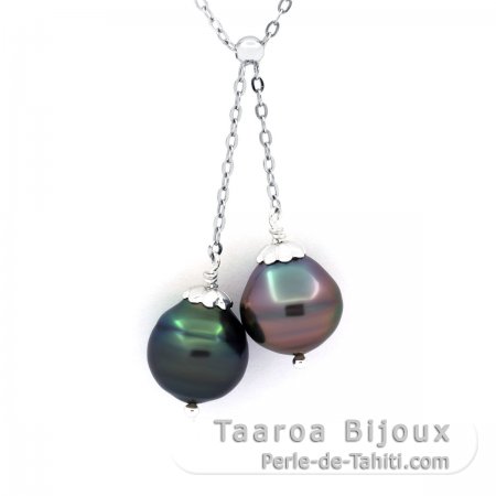 Collar de Plata y 2 Perlas de Tahiti Anilladas B/C de 10.6 a 10.8 mm