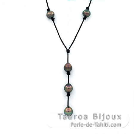 Collar de Cuero y 5 Perlas de Tahiti Anilladas B/C de 9.4 a 9.8 mm