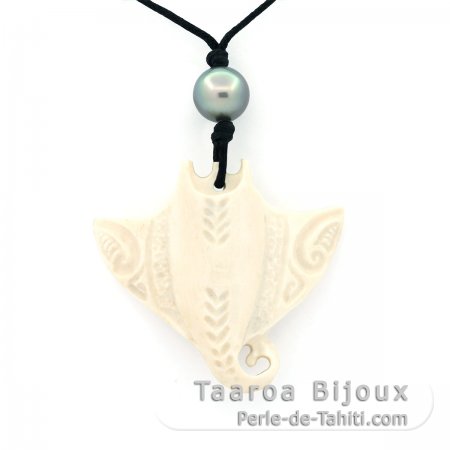 Collar de Algodn, Colgante de Hueso y 1 Perla de Tahiti Semi-Rodonda C 9.6 mm