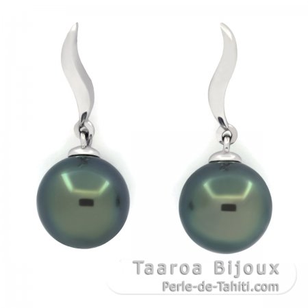 Aretes de Oro blanco 18Kl y 2 Perlas de Tahiti Redondas B 8.9 mm