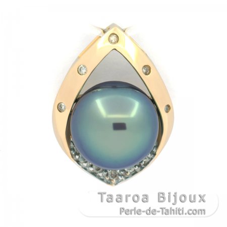 Colgante de Oro 14k + 12 diamantes y 1 Perla de Tahiti Semi-Redonda B 10.2 mm