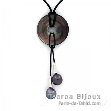 Collar de Cuero, Madreperla y 2 Perlas de Tahiti Semi-Barrocas C de 10 y 10.2 mm