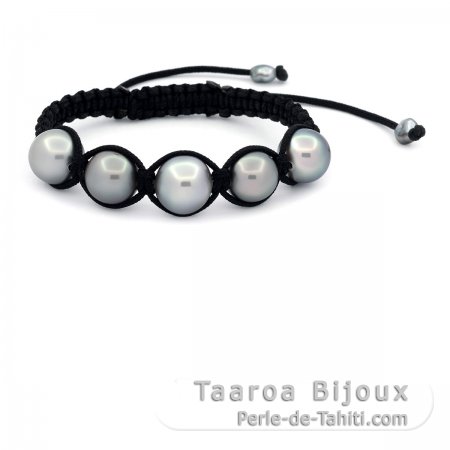 Bracelete em Nylon, 5 Prolas do Tahiti Semi-Barrocas C de 11.2 a 12.2 mm e 2 keishis