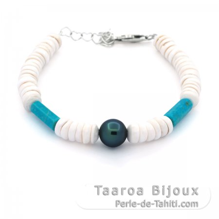 Pulsera de Conchas, Turquesa y 1 Perla de Tahiti Redonda C 8.7 mm