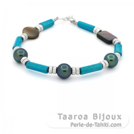 Pulsera de plata, Turquesa, Ncar y 3 Perlas de Tahit Redondas D 8.3 mm