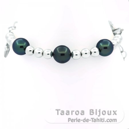 Pulsera de Plata y 3 Perlas de Tahit Redondas C/D 8.7 mm