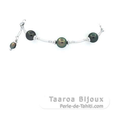 Pulsera de Plata y 3 Perlas de Tahit Redondas C/D de 7.6 a 7.8 mm