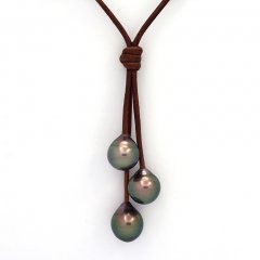 Collar de Cuero y 3 Perlas de Tahiti Semi-Barrocas B  9.5 a 9.9 mm