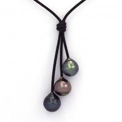 Collar de Cuero y 3 Perlas de Tahiti Anilladas C  10 a 10.5 mm