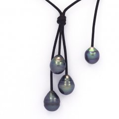 Collar de Cuero y 4 Perlas de Tahiti Anilladas C  9.4 a 10.6 mm