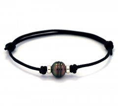Pulsera de Cuero y 1 Perla de Tahiti Anillada C 10.1 mm
