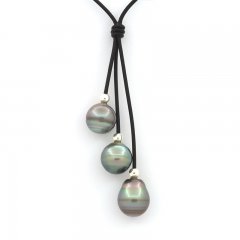 Collar de Cuero y 3 Perlas de Tahiti Anilladas B/C de 12 a 11.5 mm