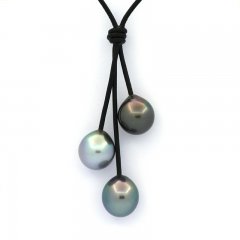 Collar de Cuero y 3 Perlas de Tahiti Semi-Barrocas C de 11.5 a 11.6 mm