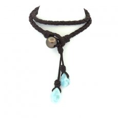 Pulsera de Cuero, 2 Larimar y 1 Perla de Tahiti Redonda C 9.7 mm