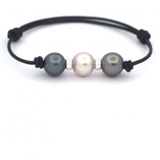 Pulsera de Cuero y 3 Perlas de Tahiti Redondas C 10 mm