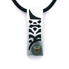Colgante de Acero Inoxidable, Collar de Neopreno y 1 Perla de Tahiti Redonda C 9.9 mm
