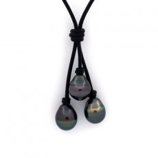 Collar de Cuero y 3 Perlas de Tahiti Anilladas C de 10.5 a 10.8 mm