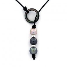 Collar de Cuero y 3 Perlas de Tahiti Semi-Barrocas C de 9.2 12 a 10.3 mm