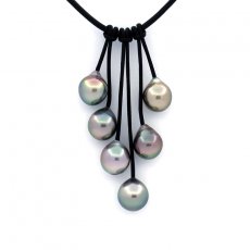 Collar de Cuero y 6 Perlas de Tahiti Semi-Barrocas B/C de 9.3 a 9.7 mm