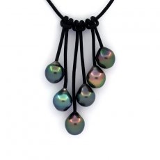 Collar de Cuero y 6 Perlas de Tahiti Semi-Barrocas B de 8.7 a 8.9 mm