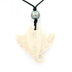 Collar de Algodn, Colgante de Hueso y 1 Perla de Tahiti Semi-Rodonda C 9.6 mm