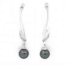 Rhodiated Sterling Silver Earrings and 2 Tahitian Pearls Round C 7.6 mm