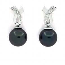 Rhodiated Sterling Silver Earrings and 2 Tahitian Pearls 1 Round & 1 Near-Round C 7.8 mm