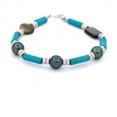 Pulsera de plata, Turquesa, Ncar y 3 Perlas de Tahit Redondas D 8.3 mm