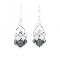 Aretes de Plata, 2 Perlas de Tahiti Redondas C/D 7.8 mm y 4 Keishis