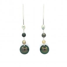 Aretes de Plata, 2 Perlas de Tahiti Redondas C/D 8.5 mm y 6 Keishis