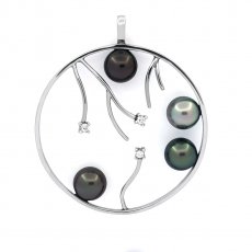 Pendentif en Argent et 4 Perles de Tahiti Rondes et Semi-Rondes C de 7.7 mm